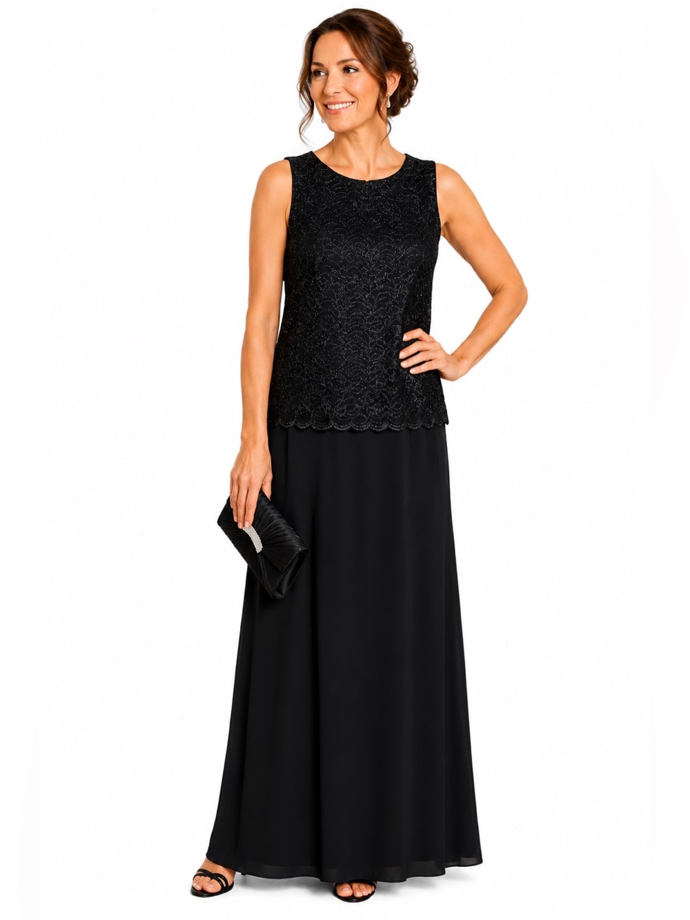 Alex Evenings Black Lace Overlay Sleeveless Maxi Dress Petite 8 Formal Evening